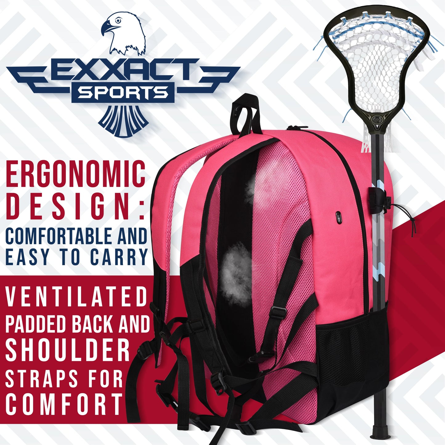 Pink Lacrosse Bag with Two Stick Holders and Cleats Compartment