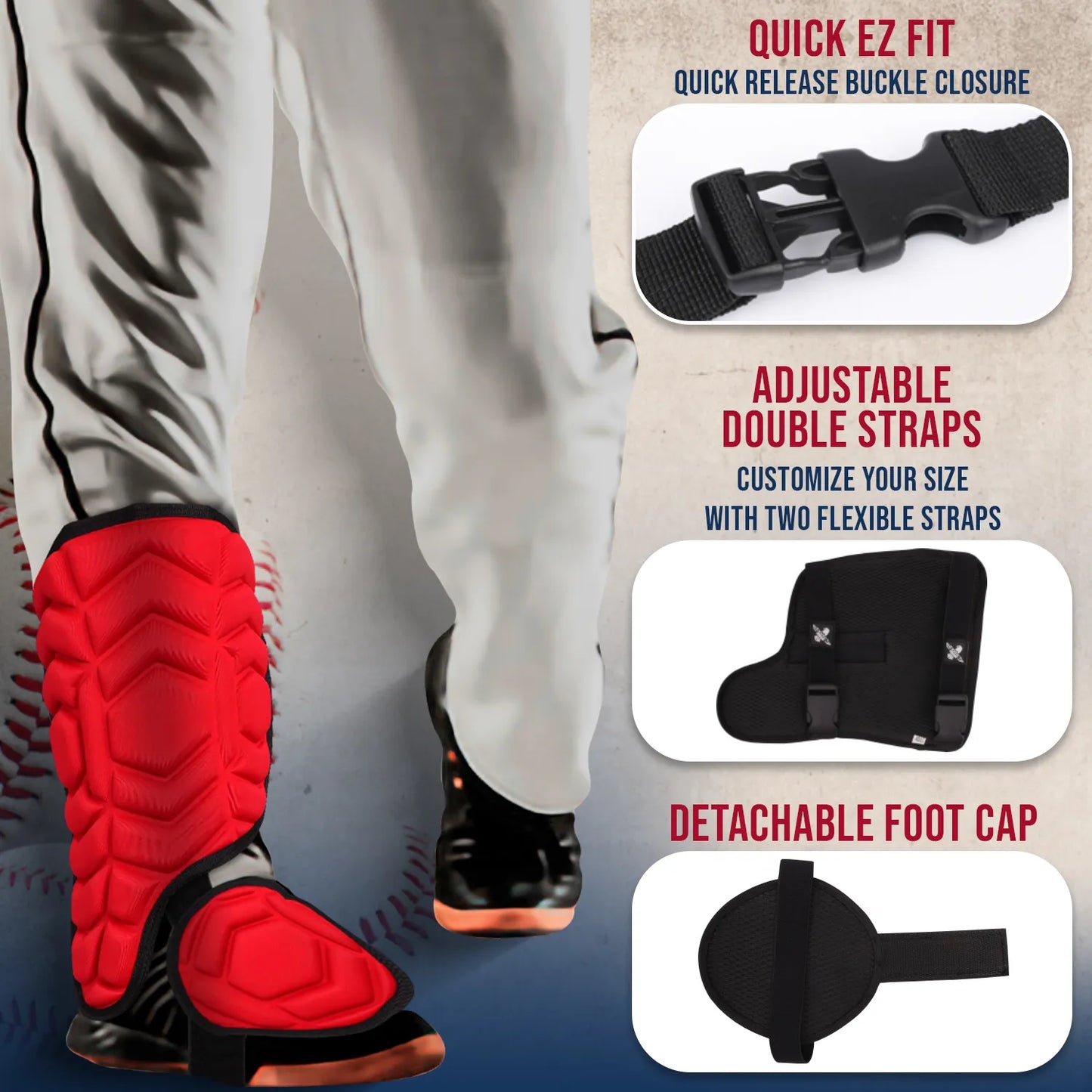 Baseball Batter's Leg Guard with Adjustable Straps (Red)