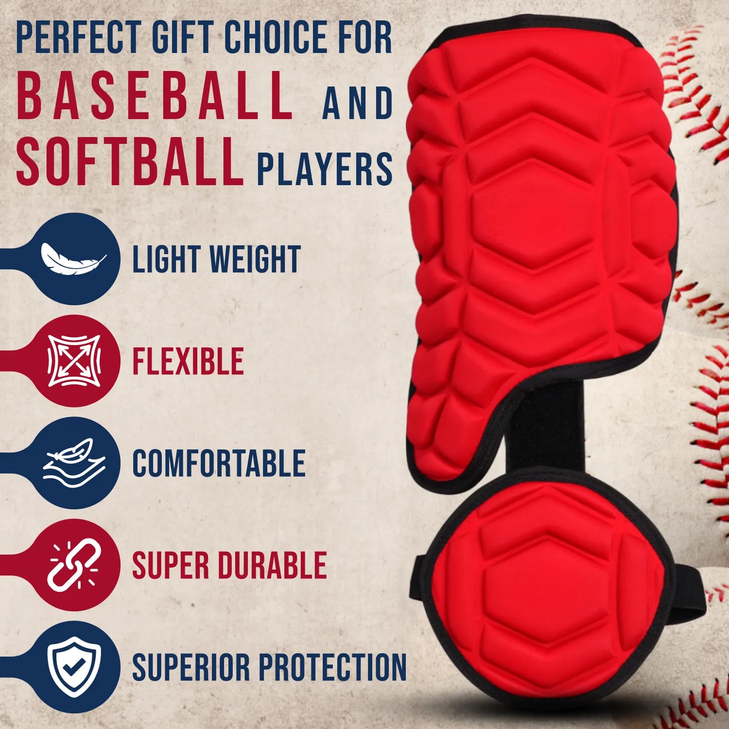 Baseball Batter's Leg Guard with Adjustable Straps (Red)