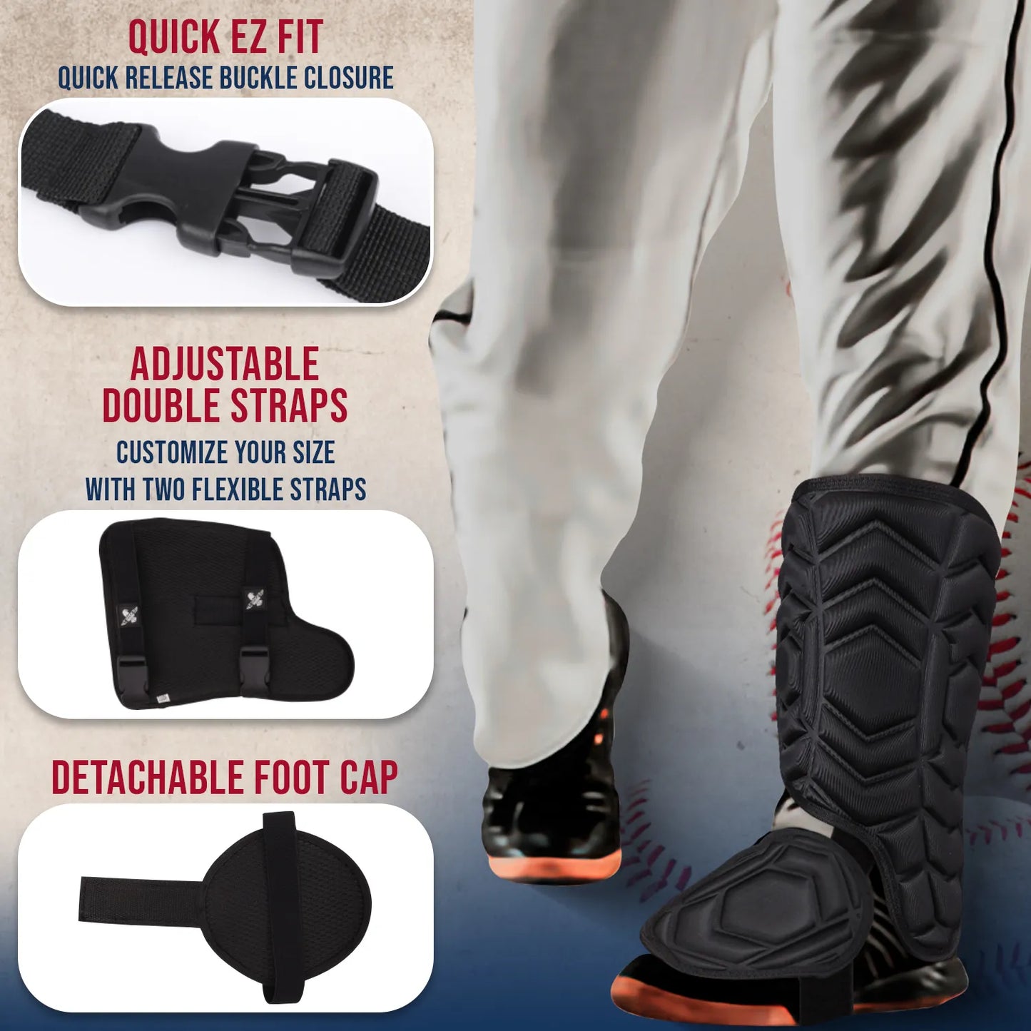 Baseball Batter's Leg Guard with Adjustable Straps (Black)