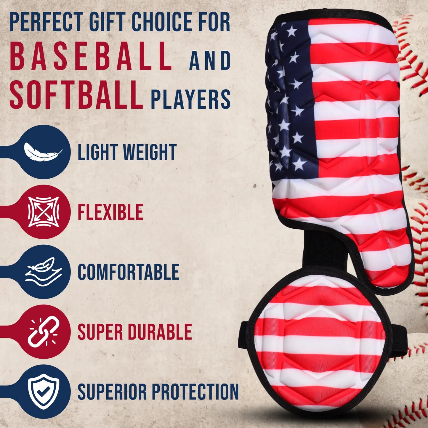 Baseball Batter's Leg Guard with Adjustable Straps (USA Flag)