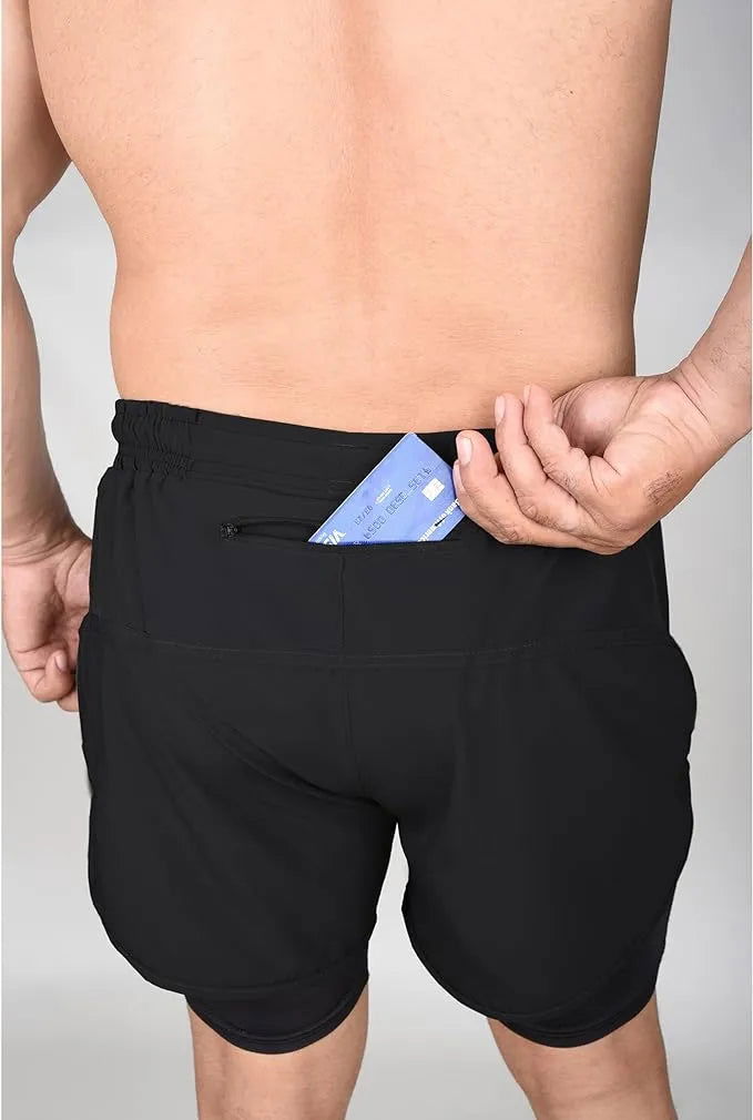Men's 2 in 1 Athletic Shorts with Compression Liner (Black)