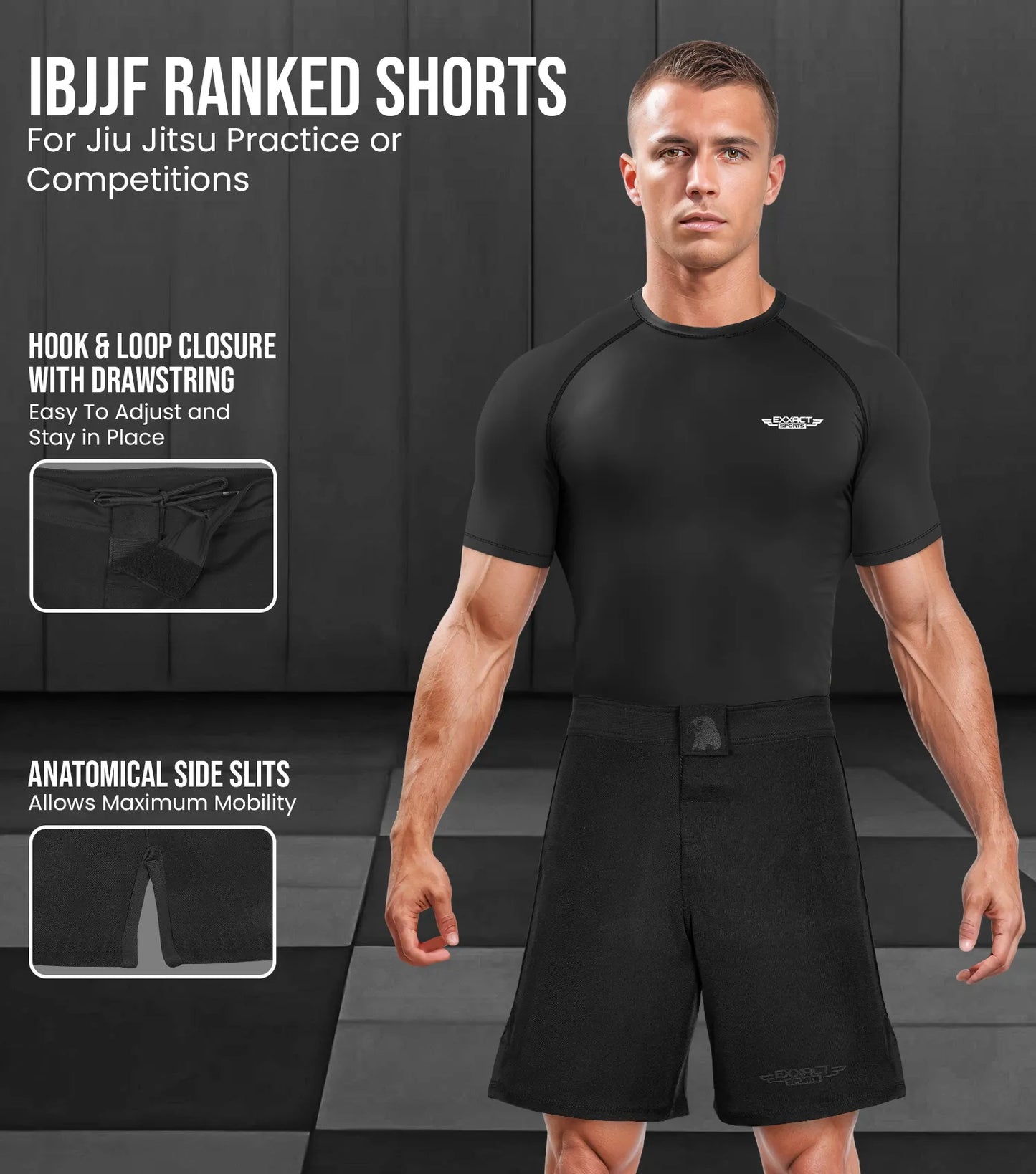 Men's MMA Shorts, IBJJF Ranked No Gi BJJ Jiu Jitsu Shorts for Grappling, Boxing, Cross Training (Black)