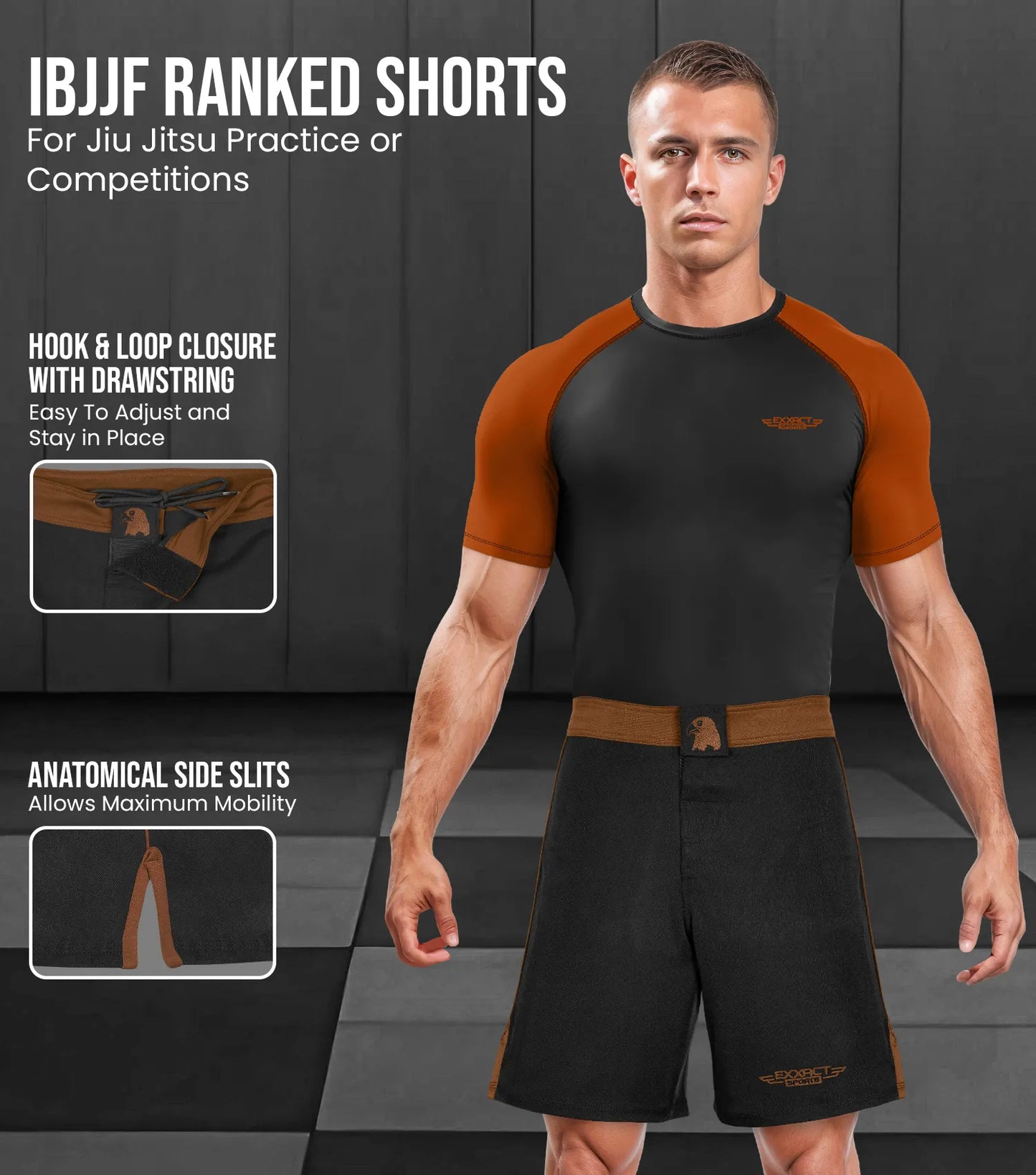 Men's MMA Shorts, IBJJF Ranked No Gi BJJ Jiu Jitsu Shorts for Grappling, Boxing, Cross Training (Brown)