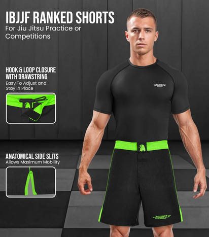 Men's MMA Shorts, IBJJF Ranked No Gi BJJ Jiu Jitsu Shorts for Grappling, Boxing, Cross Training (Neon Green)