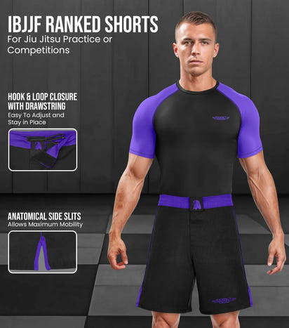 Men's MMA Shorts, IBJJF Ranked No Gi BJJ Jiu Jitsu Shorts for Grappling, Boxing, Cross Training (Purple)