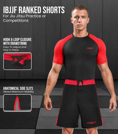 Men's MMA Shorts, IBJJF Ranked No Gi BJJ Jiu Jitsu Shorts for Grappling, Boxing, Cross Training (Red)