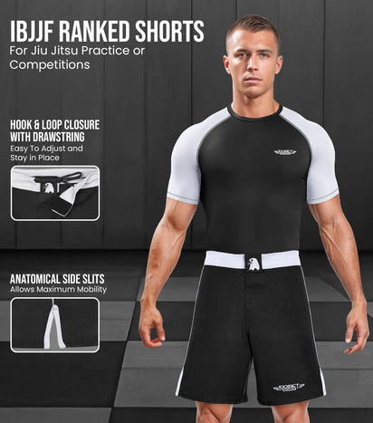Men's MMA Shorts, IBJJF Ranked No Gi BJJ Jiu Jitsu Shorts for Grappling, Boxing, Cross Training (White)