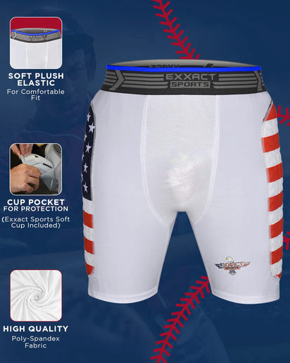 Boys Padded Compression Sliding Shorts with Soft Athletic Cup (Flag)