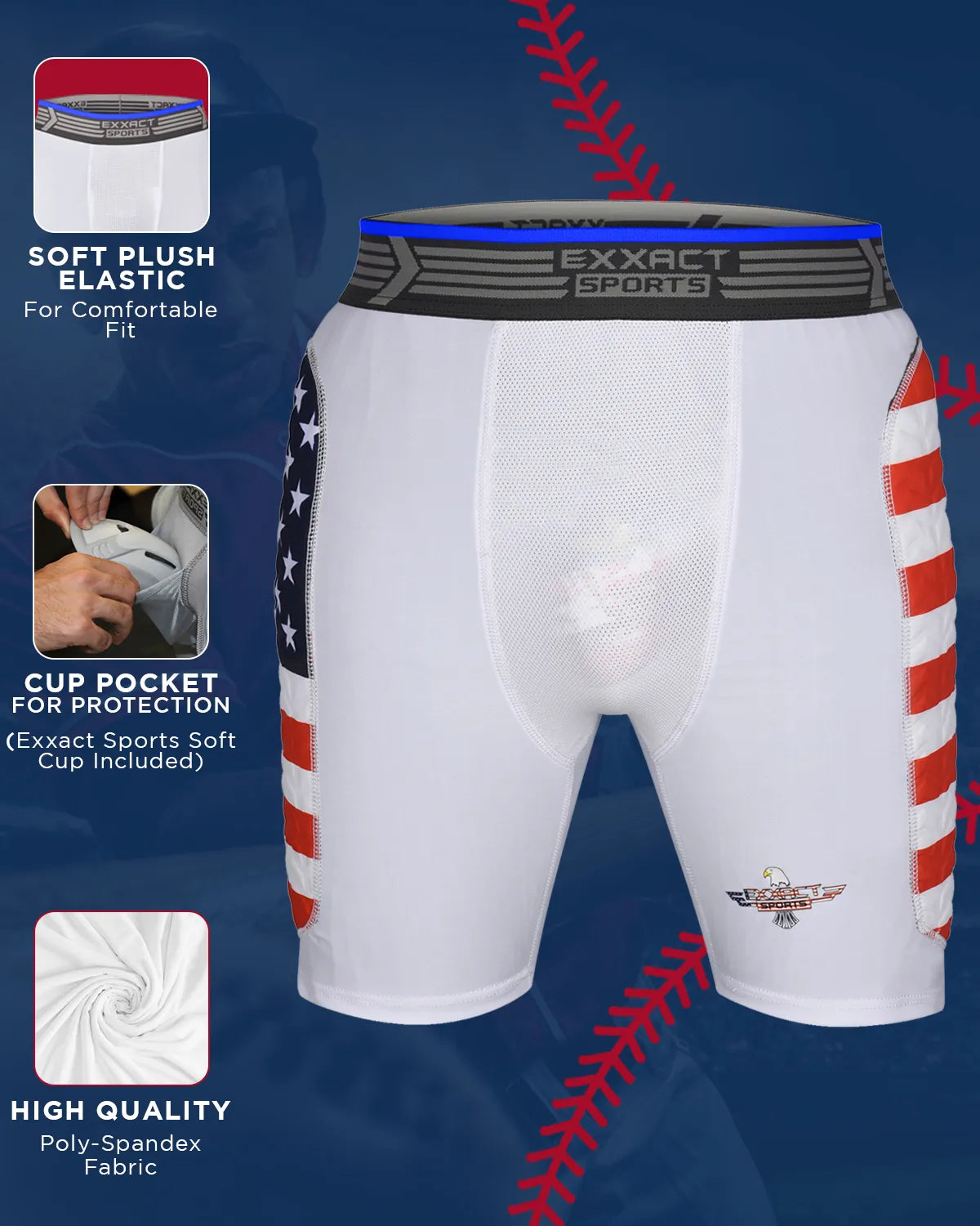 Boys Padded Compression Sliding Shorts with Soft Athletic Cup (Flag)