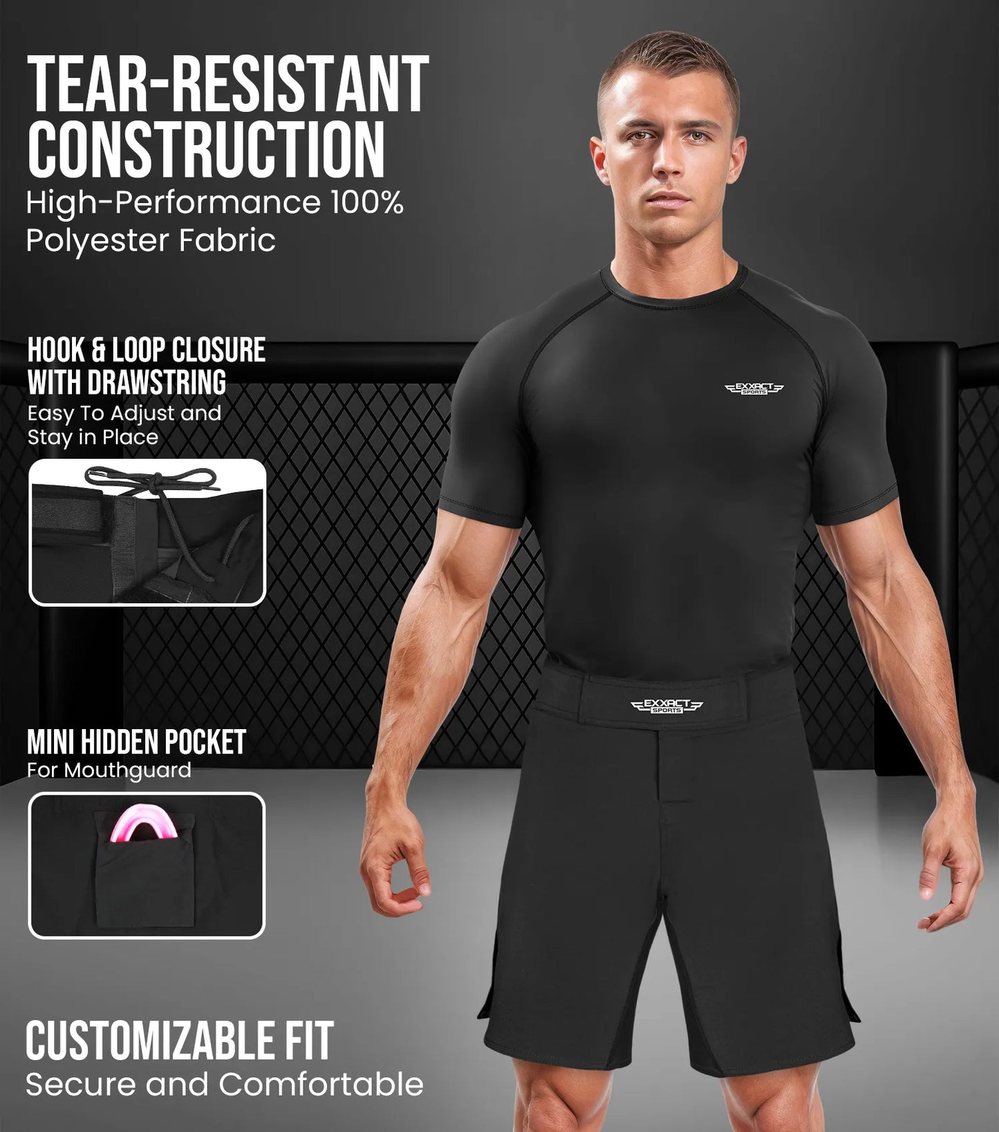 Men's Pro MMA Shorts, No-Gi BJJ Jiu Jitsu Shorts for Boxing, UFC & Cross Training (Black)