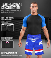 Men's Pro MMA Shorts, No-Gi BJJ Jiu Jitsu Shorts for Boxing, UFC & Cross Training (Royal Blue USA)