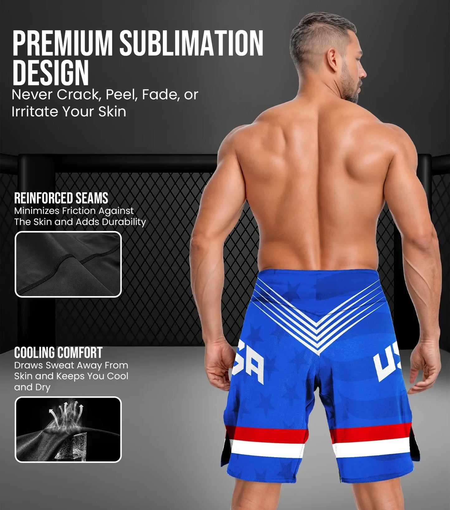 Men's Pro MMA Shorts, No-Gi BJJ Jiu Jitsu Shorts for Boxing, UFC & Cross Training (Royal Blue USA)