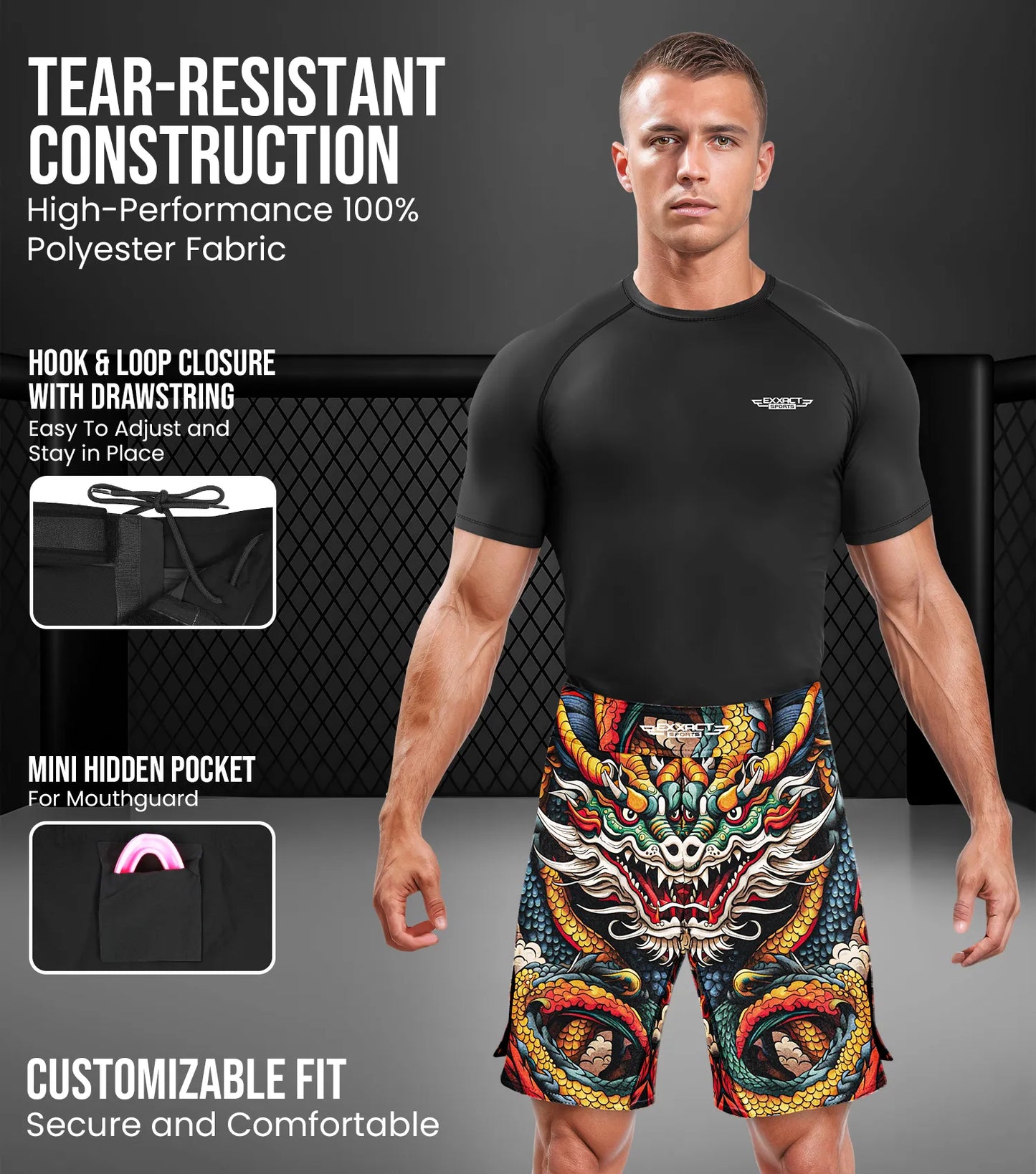 Men's Pro MMA Shorts, No-Gi BJJ Jiu Jitsu Shorts for Boxing, UFC & Cross Training (Dragon)