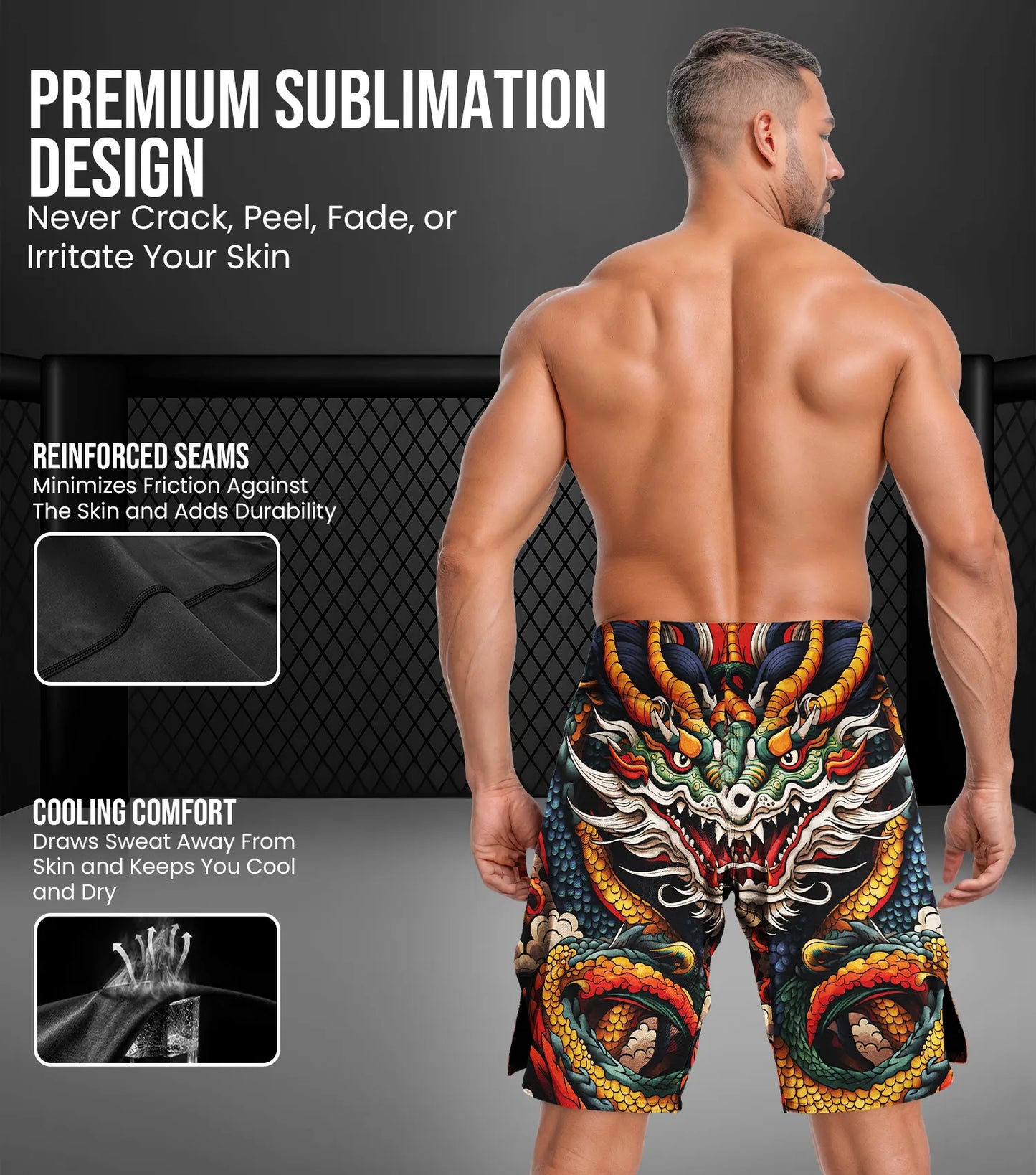 Men's Pro MMA Shorts, No-Gi BJJ Jiu Jitsu Shorts for Boxing, UFC & Cross Training (Dragon)