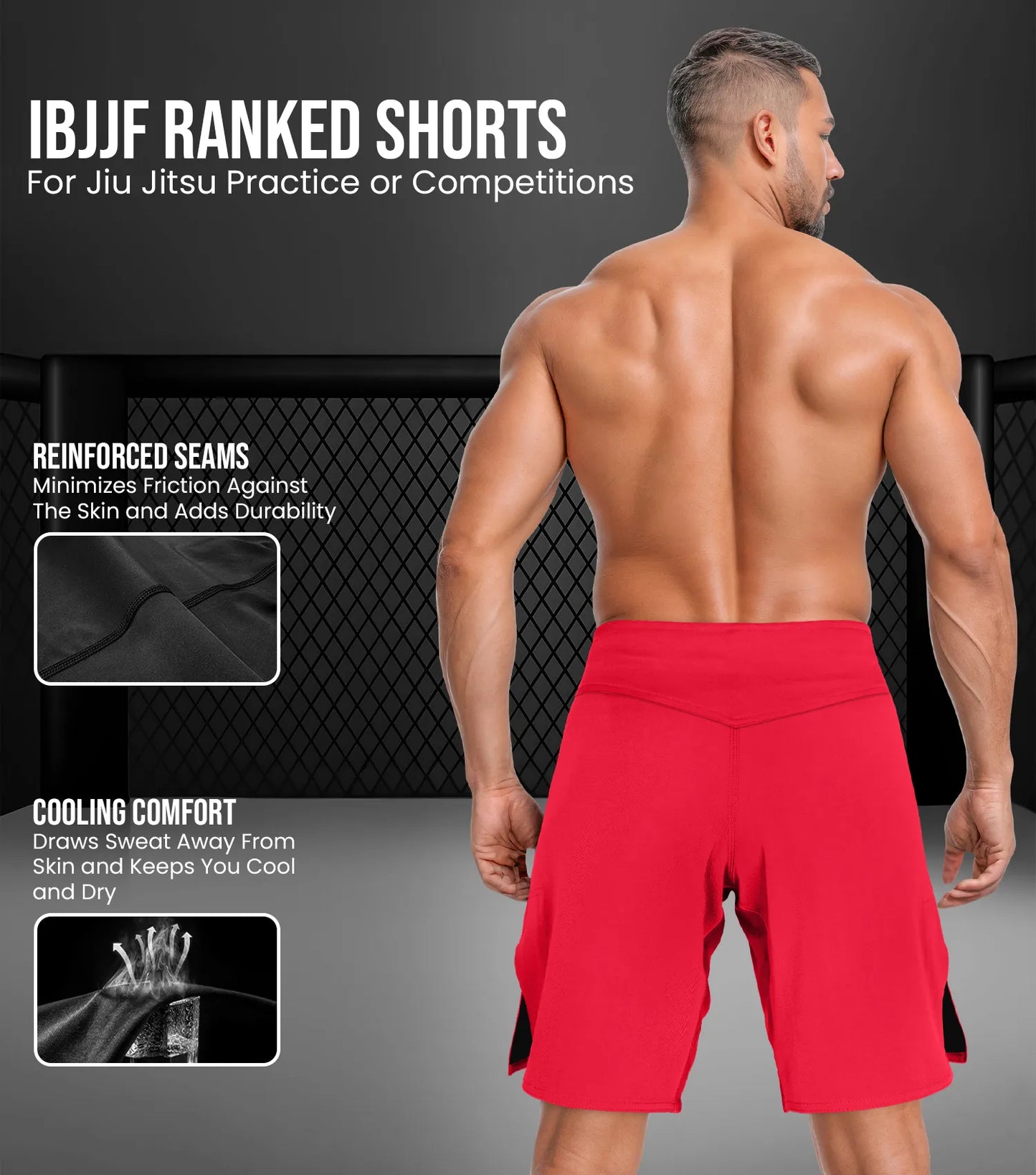 Men's Pro MMA Shorts, No-Gi BJJ Jiu Jitsu Shorts for Boxing, UFC & Cross Training (Red)