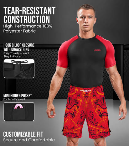Men's Pro MMA Shorts, No-Gi BJJ Jiu Jitsu Shorts for Boxing, UFC & Cross Training (Red Samurai)