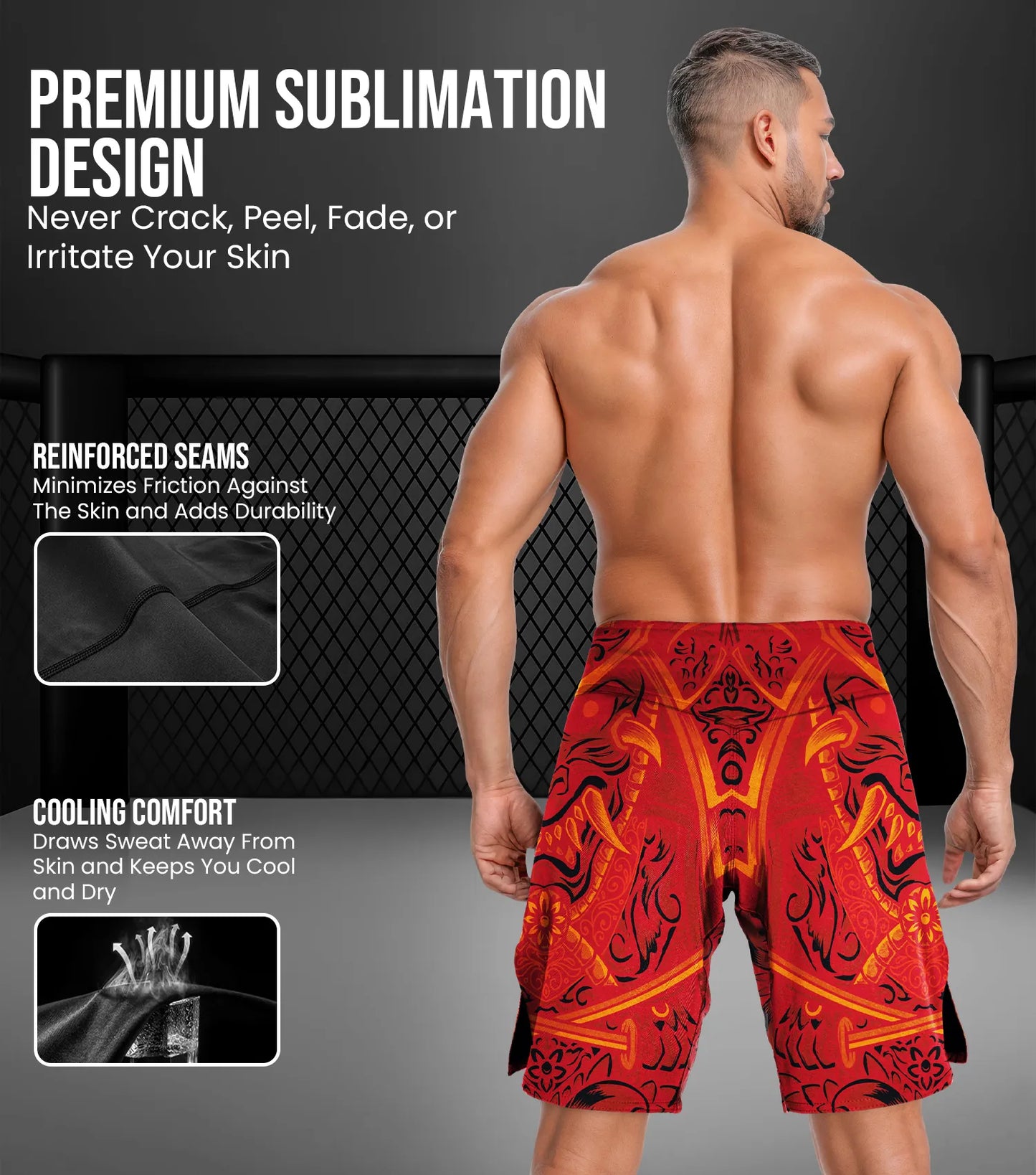 Men's Pro MMA Shorts, No-Gi BJJ Jiu Jitsu Shorts for Boxing, UFC & Cross Training (Red Samurai)