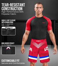 Men's Pro MMA Shorts, No-Gi BJJ Jiu Jitsu Shorts for Boxing, UFC & Cross Training (Red USA)