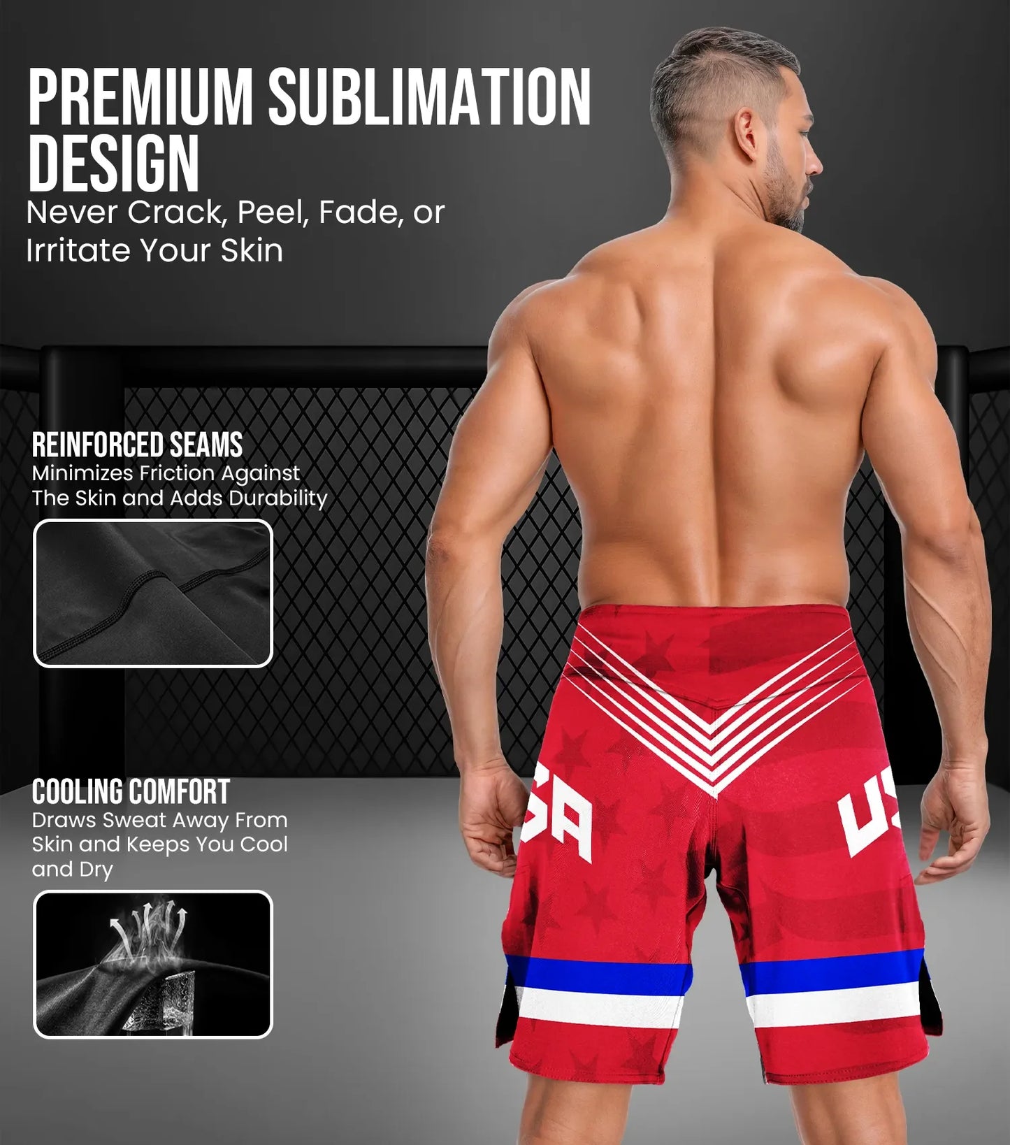 Men's Pro MMA Shorts, No-Gi BJJ Jiu Jitsu Shorts for Boxing, UFC & Cross Training (Red USA)
