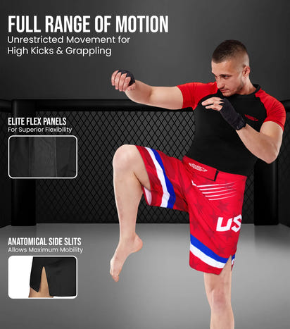 Men's Pro MMA Shorts, No-Gi BJJ Jiu Jitsu Shorts for Boxing, UFC & Cross Training (Red USA)