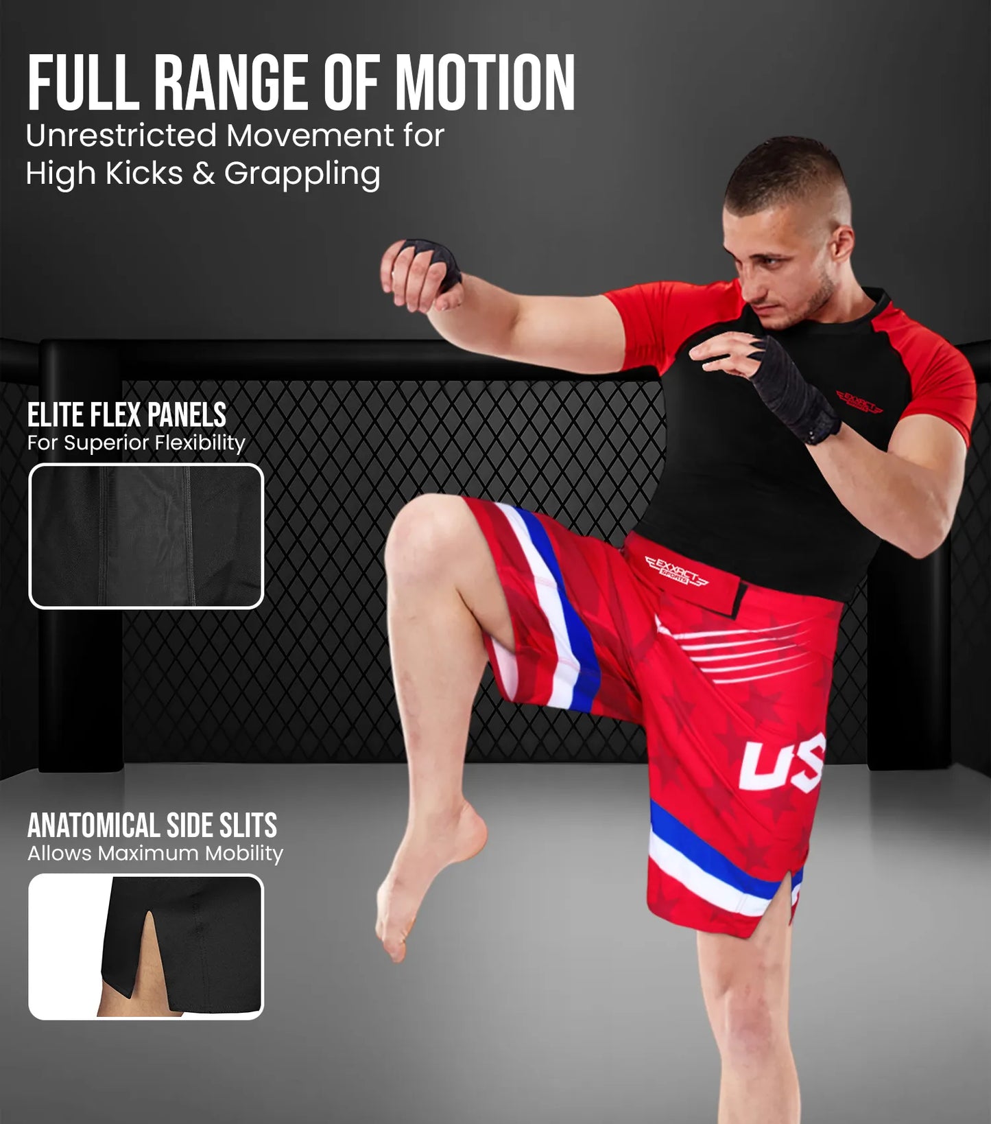 Men's Pro MMA Shorts, No-Gi BJJ Jiu Jitsu Shorts for Boxing, UFC & Cross Training (Red USA)
