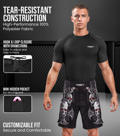 Men's Pro MMA Shorts, No-Gi BJJ Jiu Jitsu Shorts for Boxing, UFC & Cross Training Hanging (Skull)