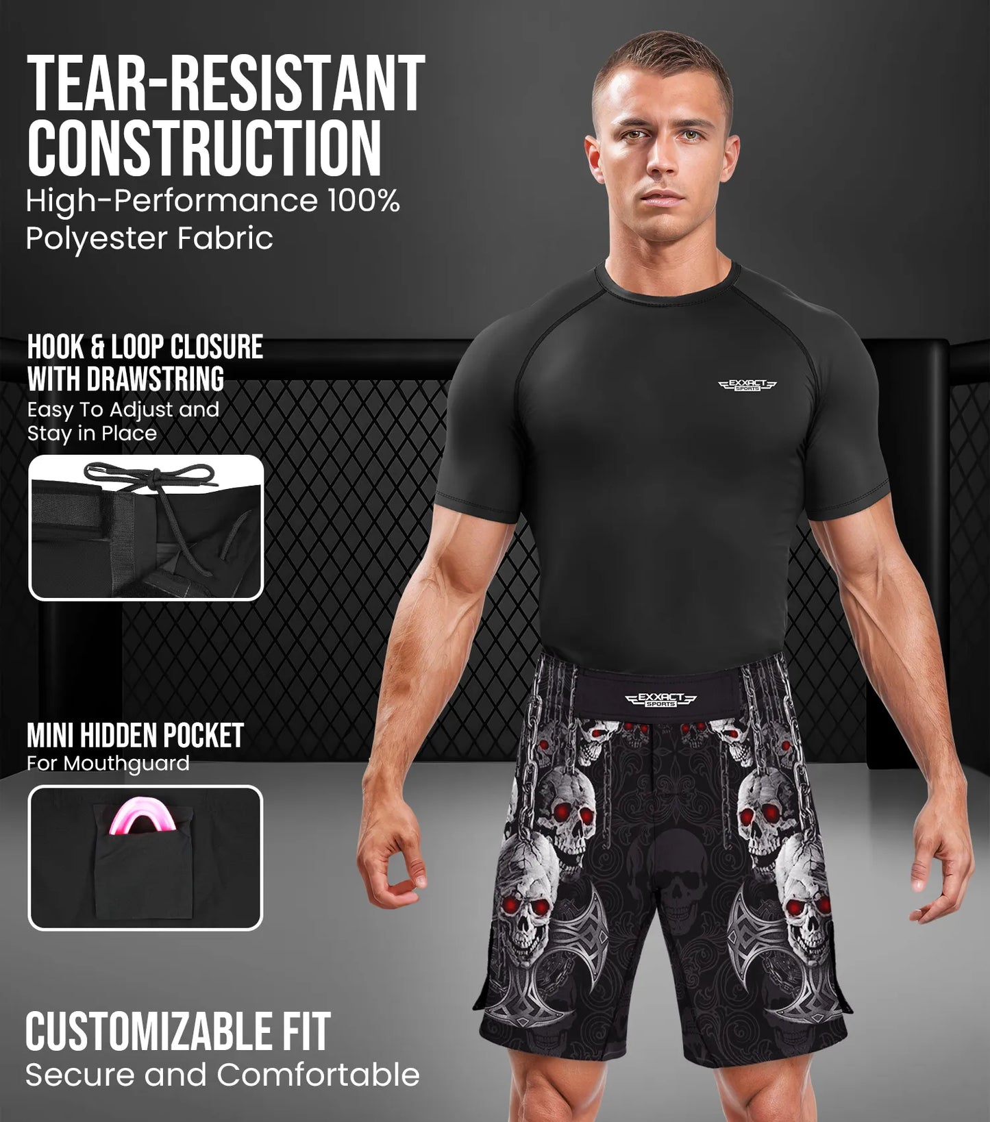 Men's Pro MMA Shorts, No-Gi BJJ Jiu Jitsu Shorts for Boxing, UFC & Cross Training Hanging (Skull)