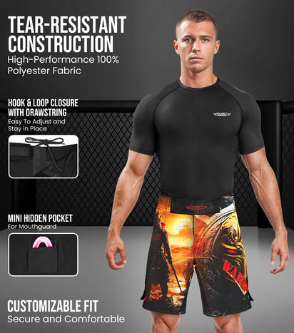 Men's Pro MMA Shorts, No-Gi BJJ Jiu Jitsu Shorts for Boxing, UFC & Cross Training (Warrior)