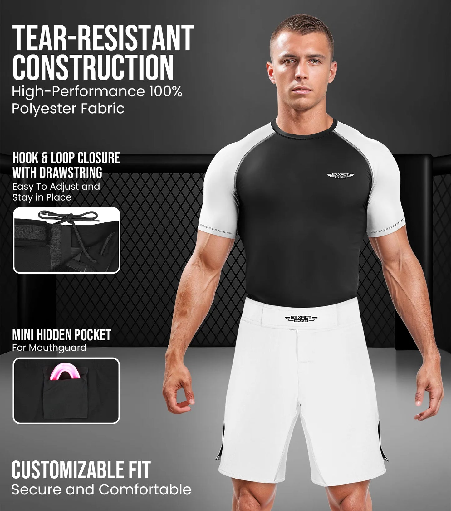 Men's Pro MMA Shorts, No-Gi BJJ Jiu Jitsu Shorts for Boxing, UFC & Cross Training (White)