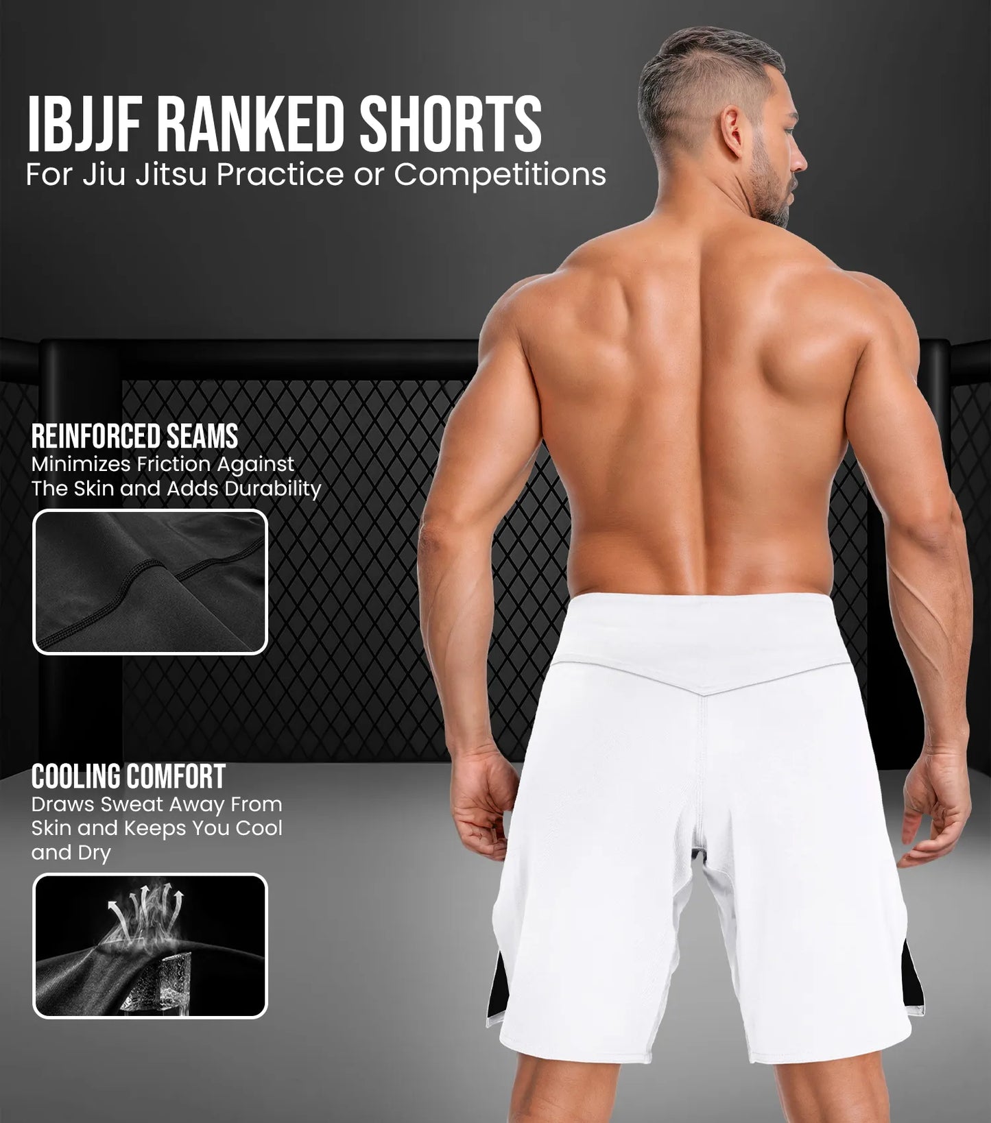 Men's Pro MMA Shorts, No-Gi BJJ Jiu Jitsu Shorts for Boxing, UFC & Cross Training (White)