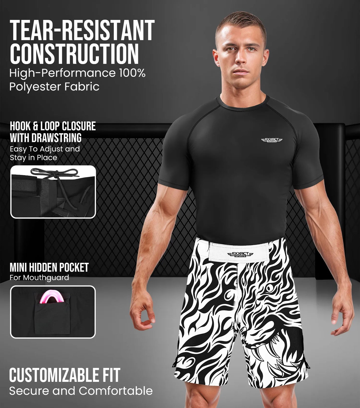 Men's Pro MMA Shorts, No-Gi BJJ Jiu Jitsu Shorts for Boxing, UFC & Cross Training (White Tiger)