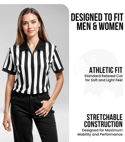 Referee Shirt for Men and Women, Black & White Stripes Umpire Uniform (Quarter Zipper) 