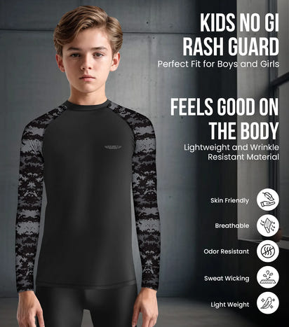 Kids Black Camo BJJ Rash Guard Long Sleeve