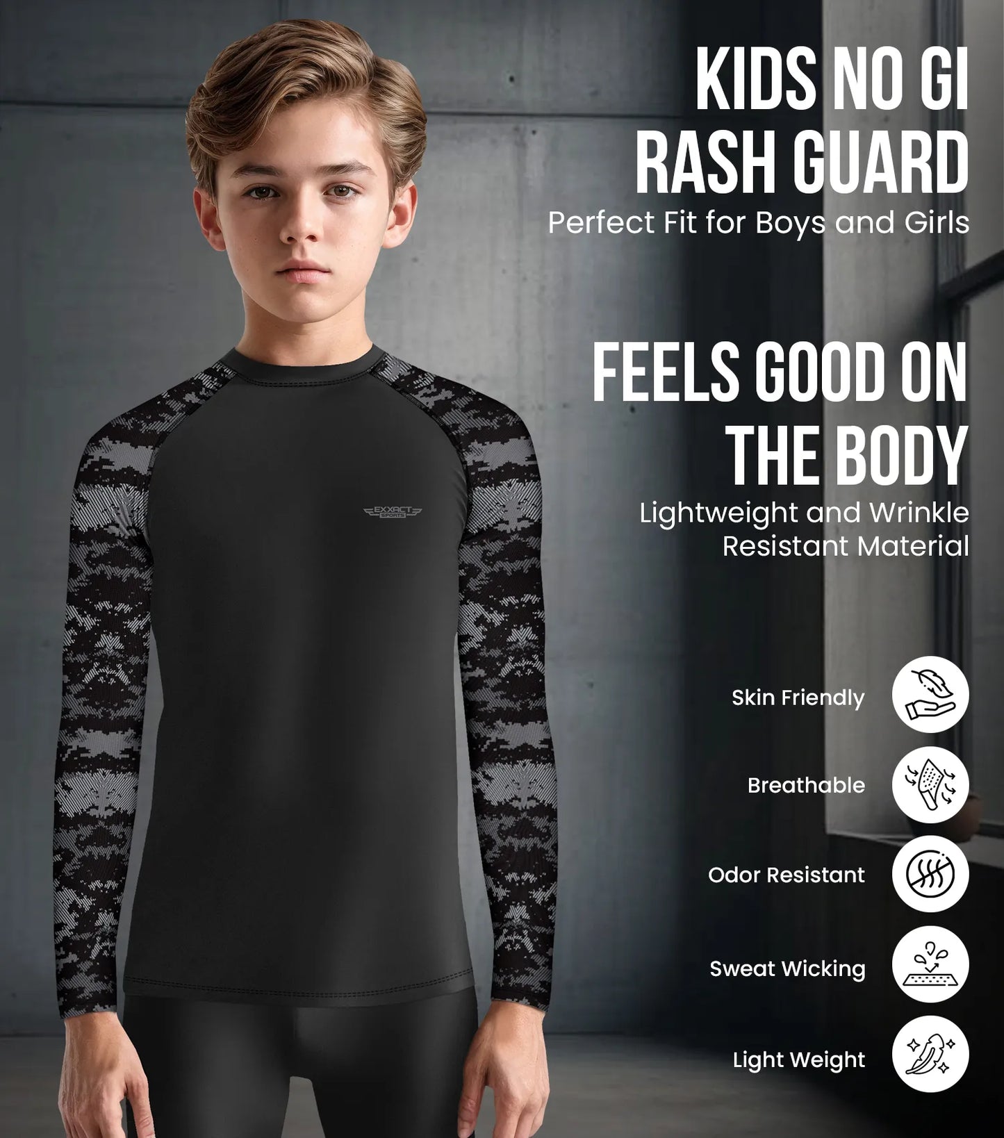 Kids Black Camo BJJ Rash Guard Long Sleeve