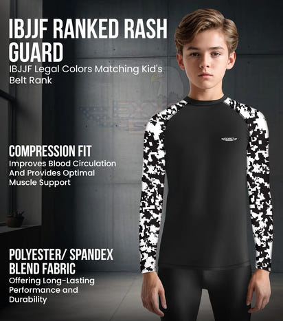 Kids Black & White Camo BJJ Rash Guard Long Sleeve