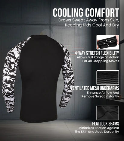 Kids Black & White Camo BJJ Rash Guard Long Sleeve