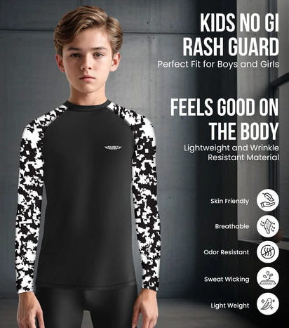 Kids Black & White Camo BJJ Rash Guard Long Sleeve