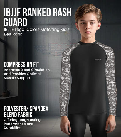 Kids Gray Camo BJJ Rash Guard Long Sleeve