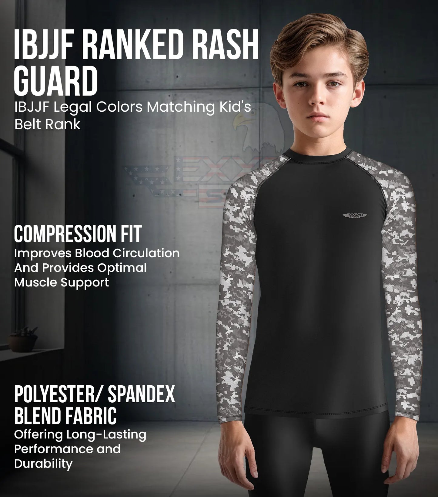 Kids Gray Camo BJJ Rash Guard Long Sleeve