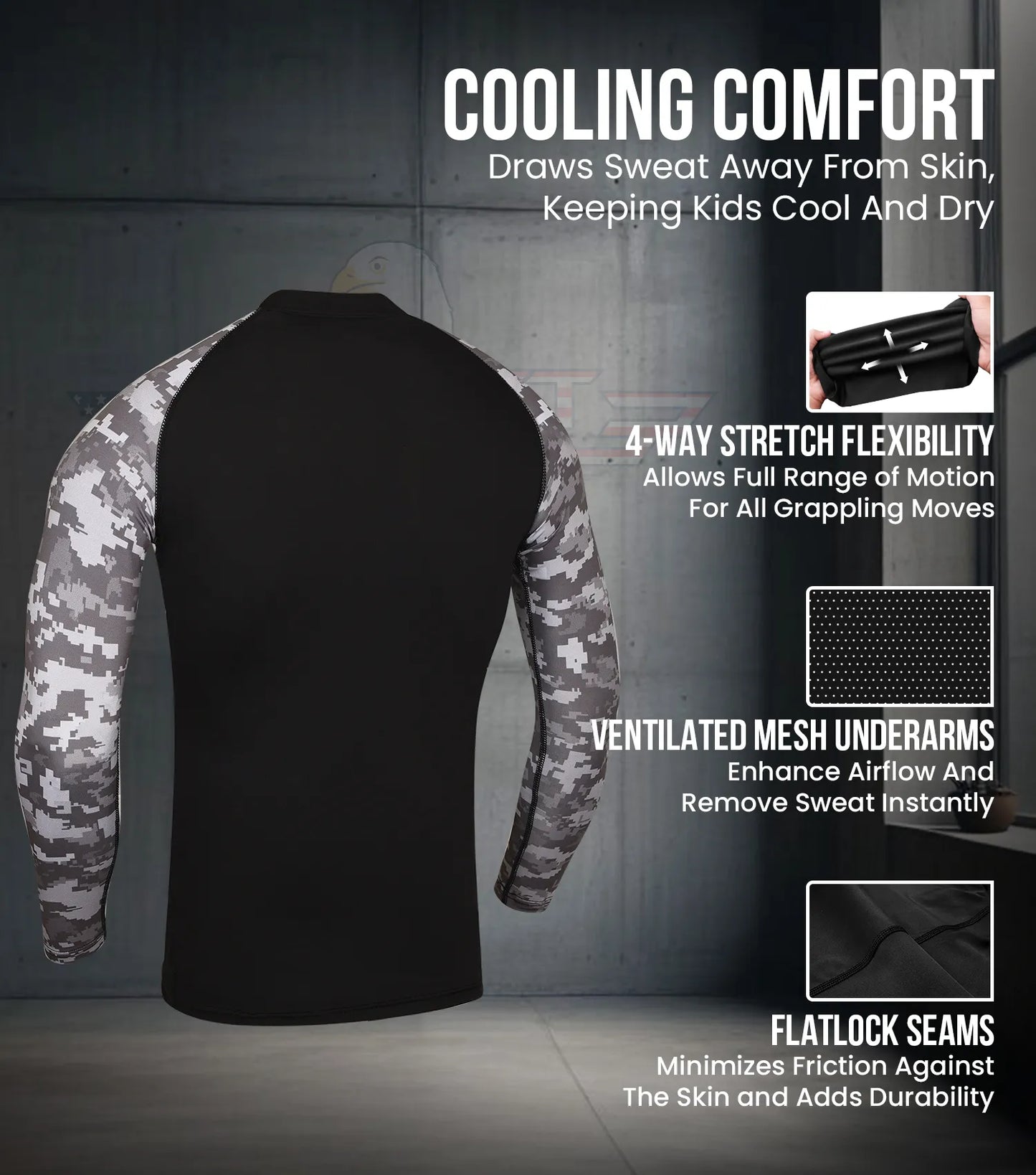 Kids Gray Camo BJJ Rash Guard Long Sleeve