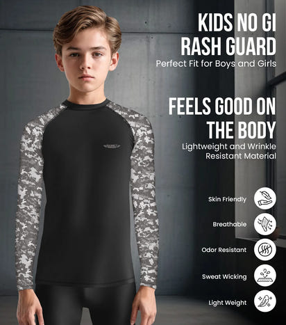 Kids Gray Camo BJJ Rash Guard Long Sleeve