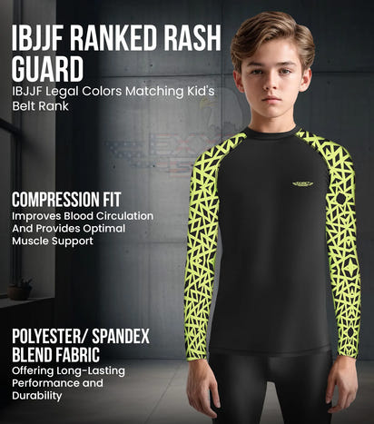 Kids Neon Green Texture BJJ Rash Guard Long Sleeve