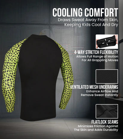 Kids Neon Green Texture BJJ Rash Guard Long Sleeve