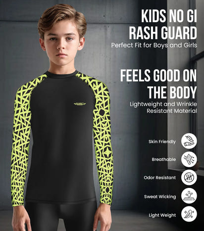 Kids Neon Green Texture BJJ Rash Guard Long Sleeve