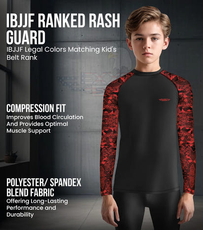 Kids Red Texture BJJ Rash Guard Long Sleeve