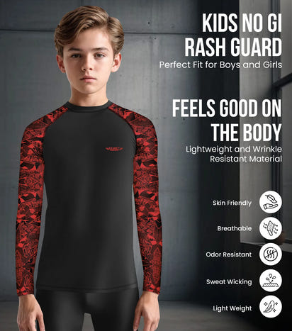 Kids Red Texture BJJ Rash Guard Long Sleeve
