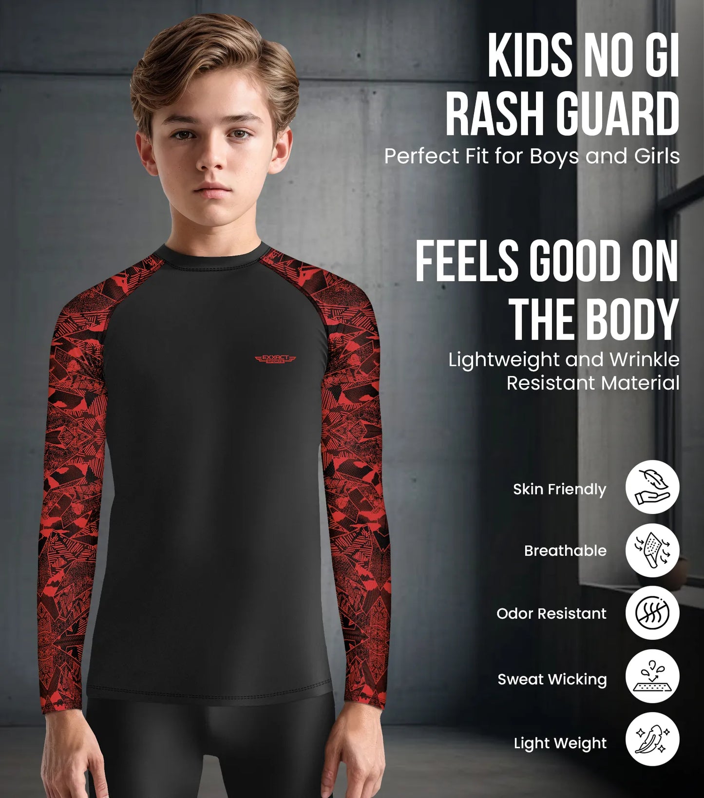 Kids Red Texture BJJ Rash Guard Long Sleeve