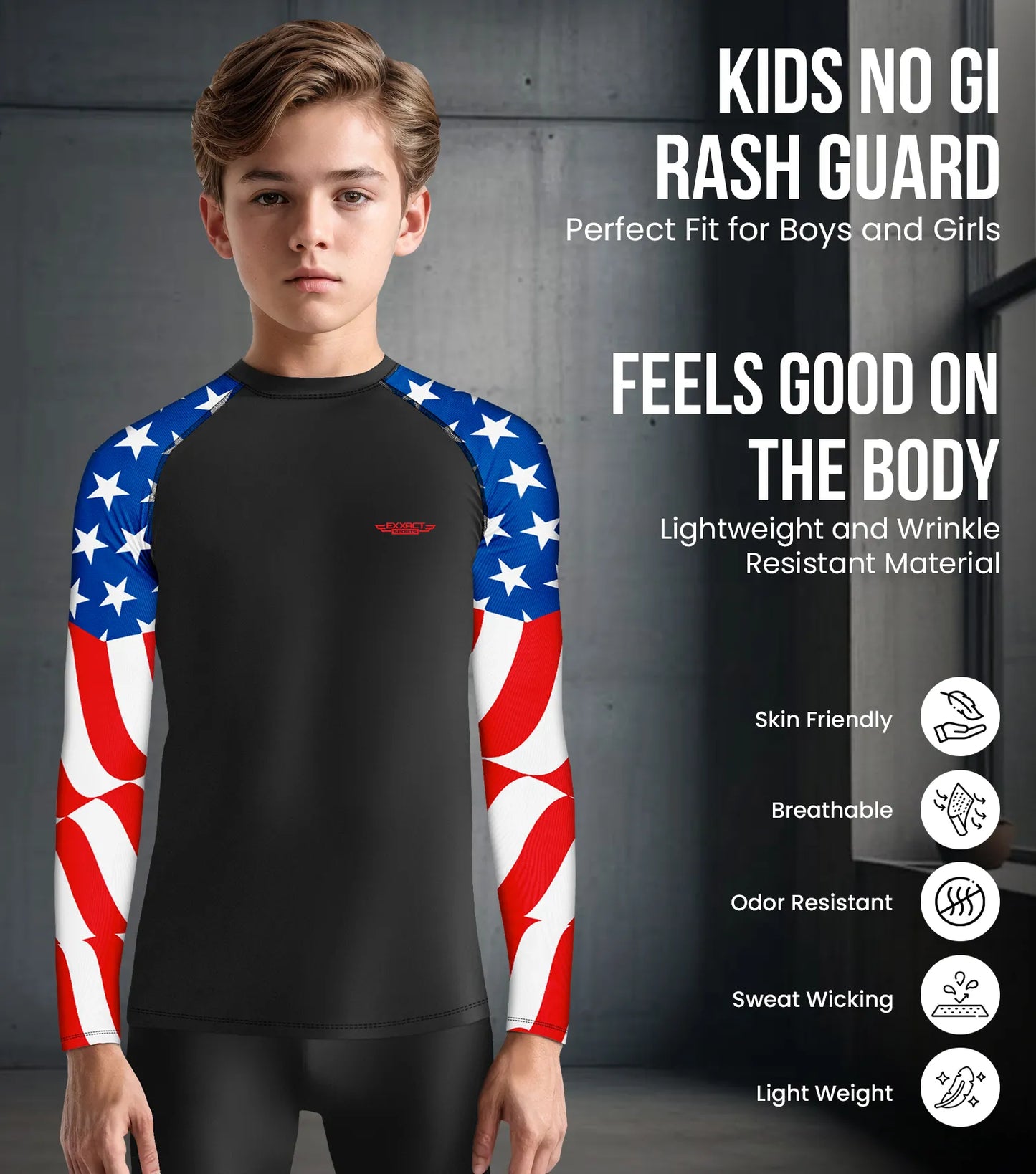 Kids Usa Flag BJJ Rash Guard Long Sleeve