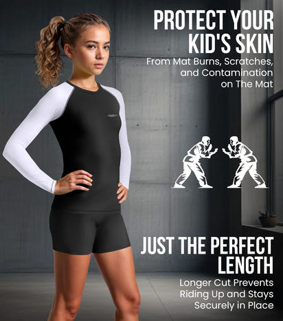Kids White BJJ Rash Guard Long Sleeve